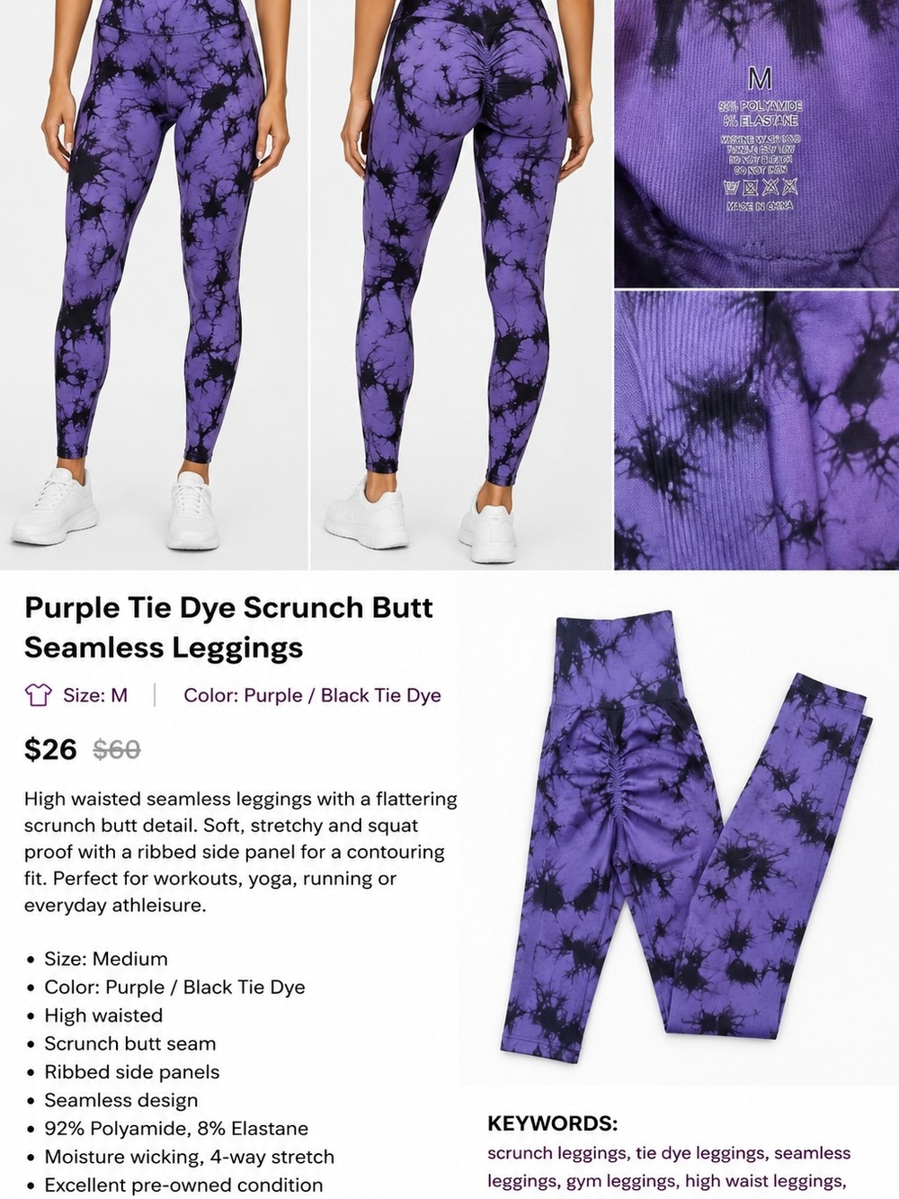 Purple Tie Dye Scrunch Butt Seamless Leggings